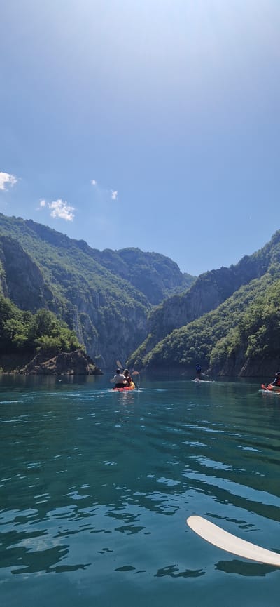 The image depicts a serene natural landscape with a focus on a group of people kayaking on a calm, turquoise body of water. The scene is set against a backdrop of majestic, green-covered mountains that rise steeply from the water's edge. The sky is a clear, vibrant blue, suggesting a sunny day, possibly in the late morning or early afternoon given the bright lighting.
In the foreground, a portion of a white kayak paddle is visible on the right side of the frame, hinting at the perspective of someone within a kayak. Further into the scene, several kayaks can be observed. One kayak in the middle ground has two individuals paddling. Another kayak, slightly further back, also appears to have occupants. The kayaks are colorful, adding a touch of vibrancy to the overall scene.
The activity clearly taking place is kayaking. The calm water suggests a leisurely pace, perhaps a recreational outing. The lush green vegetation covering the mountains indicates a temperate climate and a healthy ecosystem. The clear sky and the quality of light suggest good weather for outdoor activities. The natural beauty of the mountains and water, combined with the peaceful activity, evokes a sense of tranquility and enjoyment. No visible text is present in the image. The location context provided is Rudinice, Montenegro, which aligns with the mountainous, water-based scenery.