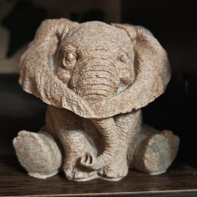 The media file displays a close-up image of a statue of a baby elephant, positioned front and center. The statue is crafted from a light-brown, granular material, resembling sandstone or coarse concrete, with visible specks of darker aggregate throughout its surface. The elephant is depicted in a seated posture, with its front legs bent and its small, stubby trunk resting downwards between them. Its large, textured ears frame its face, and its eyes are carved subtly into the material. The surface of the statue exhibits fine lines and ridges, mimicking the wrinkled skin of an elephant, especially prominent on its trunk and ears.

The elephant statue is resting on a dark, polished wooden surface, likely a shelf or table. The background is dark and out of focus, suggesting an indoor setting with low or ambient lighting, possibly a display area. There is no discernible activity or event taking place, as the subject is an inanimate object. No specific time of day or weather conditions can be inferred from the image. There are no visible location cues within the image itself that would confirm or deny the provided context of Novo-Nikol'skoe, Russia. No text is visible in the media file.