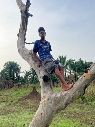 A young man is lying on a fallen, weathered tree trunk in what appears to be a rural setting near Agba Umana, Nigeria. The tree lies horizontally, with the man positioned on top, his torso resting on the trunk and his legs extended and crossed at the ankles near the thicker end of the trunk. He is wearing a blue and white striped shirt, gray shorts, and a baseball cap. His hands are placed on the tree trunk for support. The background includes a field of low-lying green vegetation and several palm trees. The sky is overcast.