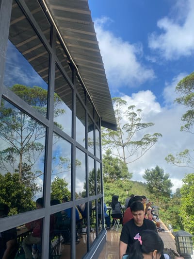 The image shows a large glass window of a building in Tawangmangu, Indonesia, a small town located in the regency of Karanganyar, Central Java, Indonesia (latitude: -7.661, longitude: 111.184). The window is framed by a black metal frame and reflects the surrounding environment. The reflection shows lush green trees and a blue sky with white clouds. In the foreground, a group of people are seated on a patio outside the building. Two people are standing, and one is seated on a bench. The people are looking at each other, talking, and drinking beverages. They are all wearing casual clothing. The patio is made of concrete and has a wooden railing.  There are also potted plants and decorative elements on the patio. The image is taken from a low angle. The lighting is bright and the atmosphere is relaxed.