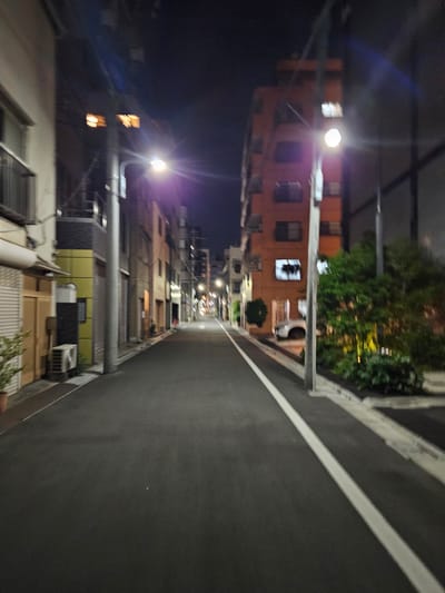 The image depicts a nighttime street scene in Taito, Japan, oriented at an unusual angle with the street running diagonally across the frame. The street is paved with dark asphalt and marked with a prominent white line. Along one side of the street, multi-story buildings are visible, exhibiting a mix of architectural styles and colors, including brick and painted facades. Some windows are illuminated, suggesting occupancy. Streetlights are positioned along the road, casting a bright glow. The opposite side of the street features vegetation, including trees and shrubs, adding a touch of greenery to the urban landscape.