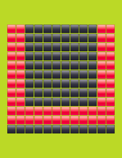 The image displays a grid of glossy square tiles, alternating between red and black, arranged against a bright lime green background. The tiles form a symmetrical pattern resembling a stylized letter or symbol. The pattern is widest at the bottom and tapers towards the top, with red tiles forming the outer edges and a central red band at the bottom. The grid appears to be a digital representation or a graphic design element, rather than a physical object in a specific location. There are no people, actions, or interactions depicted. The context provided regarding the city of Sinzheim, Germany, does not relate to any discernible elements within the image itself.