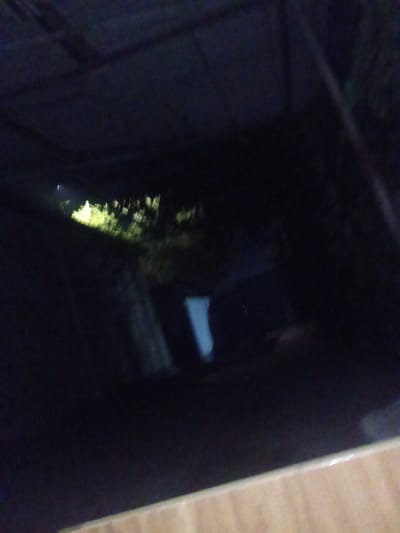The image depicts a dimly lit, possibly outdoor, scene with a focus on a dark, somewhat blurry foreground and middle ground. In the distance, a bright, yellowish-green light illuminates some vegetation or foliage. There are also faint vertical shapes that appear to be structures or objects in the darker middle ground, one of which has a lighter, possibly white, vertical element. The background is mostly obscured by darkness, with a hint of what might be a corrugated metal roof or overhang in the upper portion of the image. The overall impression is one of a nighttime or low-light environment. There is no discernible information to suggest a specific location within Taraz, Kazakhstan, or any specific actions or interactions.