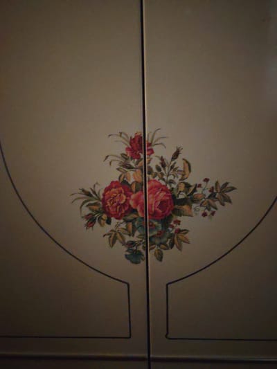 A close-up shot shows a floral motif painted on a light-colored surface, likely a cabinet door or wall panel. The painting features a cluster of red and pink roses with green leaves and small red berries. The style of the painting appears to be somewhat vintage or decorative. The surface is divided vertically by a seam in the middle of the frame, suggesting two doors or panels are joined. The background is a uniform, neutral tone, creating a backdrop for the detailed floral artwork. The image is well-lit, and the colors of the flowers are vibrant. There are no people, animals, or any other discernible objects in the scene. The image is a detailed representation of decorative artwork. This image is not associated with the city of Zangiata, Uzbekistan.
