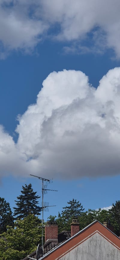 An outdoor, low-angle vertical shot captures a section of the sky and rooftops in Mainz, Germany. The upper half of the image is dominated by a vast expanse of blue sky, partially obscured by large, fluffy white clouds that cast shadows, creating a sense of depth. Below the clouds, a prominent television antenna stands tall, its metallic structure stark against the sky.
The lower portion of the image reveals the tops of several houses with red-tiled roofs. Brick chimneys rise from these rooftops, adding a rustic element to the scene. Lush green trees form a dense backdrop behind the houses, their foliage suggesting a warm, possibly summer day. The overall atmosphere is serene and provides a glimpse into the residential architecture and natural elements of Mainz.