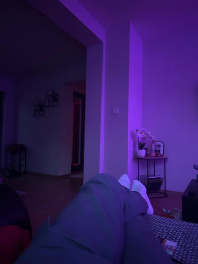 This image, captured in Gotse Delchev, Bulgaria, presents an indoor residential scene, likely a living room, illuminated by strong purple ambient light. In the foreground, the lower body of one individual is visible, wearing grey trousers and white socks, with their feet elevated and resting on a dark grey and white patterned blanket.
To the left, a dark doorway reveals a hint of red light in an adjacent space. Against a light-colored wall, a three-tiered black metal shoe rack contains multiple pairs of shoes. Above it, two dark, geometric wireframe decorations are mounted on the wall. A prominent white pillar or wall section divides the room's left and right sides. On the wall to the right of this pillar, a white light switch is visible.
Further right, a small, round, two-tiered side table with a black metal frame and wooden top is positioned. On its surface rests a white potted orchid with white blooms, a reed diffuser with dark sticks, and a framed photograph. Books or magazines are visible on the lower shelf of the table. In the immediate right foreground, a dark furniture surface holds a black remote control. A green-tipped object and a clear plastic bag are on the wooden floor beside the blanket.
