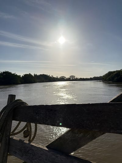 A view from a wooden pier in Mata De Caña, Colombia, on a sunny day. The sun shines brightly in the sky over a body of water, presumably a river or lake, reflecting the sunlight. A wooden pier structure occupies the right side of the frame, with a thick rope visible. Trees line the opposite bank.