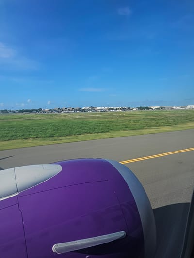 An image taken from inside an airplane on a bright, sunny day, showing a purple jet engine in the right side of the frame. A grey runway with yellow double lines runs vertically adjacent to a green grassy field, which is followed by a row of buildings. In the left side of the frame, a clear blue sky is visible. The photo appears to be taken in Punta Cana, Dominican Republic, inferred from the aircraft livery.