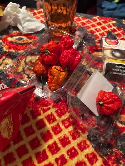The image shows two clear plastic containers of chili peppers on a patterned blanket. The container on the left contains red and orange peppers. The container on the right contains a single red pepper on top of a small white piece of paper. Part of a box with Bulgarian text is visible in the lower right corner of the image, as well as part of an eye drop box. The setting is unspecified and there is no information provided or visible in the image to indicate the city of Goritsa, Bulgaria.