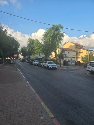 The image captures a street scene in Herzliya, Israel, likely during the daytime with some clouds present in a blue sky. The perspective is from a sidewalk, looking down a paved road lined with parked cars. A sidewalk made of reddish-brown brick pavers runs along the left side of the road, bordered by a curb with red and white stripes, and further by a yellow stripe.

On the right side of the road, several cars are parked. The most prominent are a white Volkswagen SUV and a white Kia SUV. Behind them, other vehicles are visible. The road itself is asphalt and shows signs of wear.

Lining the street are numerous trees with lush green foliage, casting some shadows. In the background, there are buildings with light yellow and orange facades, featuring red tiled roofs. One building appears to be multi-story. A few air conditioning units are visible on one of the buildings.

A red and white circular "no entry" sign on a pole is prominently positioned on the left side of the road, near the intersection. A large green dumpster with some graphics is situated near the buildings on the right side of the road. Overhead, power lines stretch across the sky. No people are visible in the image. The overall impression is of a residential or commercial street in a Mediterranean climate.