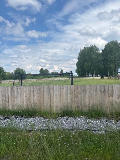 The image depicts an outdoor scene with a wooden fence in the foreground, behind which is a soccer goal with a net. Beyond the goal, a grassy field stretches towards a line of trees, some of which appear to be birch trees due to their white trunks. The sky is partly cloudy with a mix of blue sky and white clouds. The area appears to be a recreational space, possibly a park or a field for sports. The environment suggests a temperate climate.