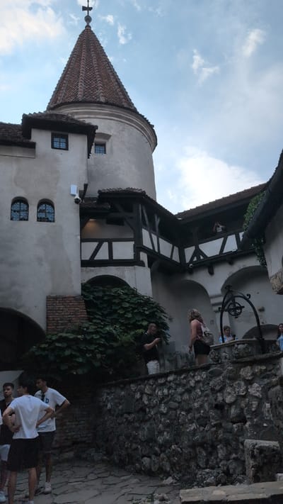 The image depicts a courtyard area of Bran Castle, located in Predeluț, Romania. The castle features a conical, tiled roof tower and a light-colored, textured wall. A dark timber-framed walkway connects two sections of the castle. In the foreground, a group of young men are standing on a cobblestone path, some looking at their phones. To the right, a stone wall with an ornate well structure is visible. Several people are gathered around the well, including a woman with a backpack and another woman sitting. Lush green foliage cascades from above, partially obscuring the castle walls. The sky is partly cloudy.
