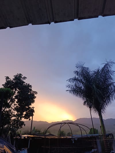 The image shows a landscape in Timaná, Colombia at dusk. A corrugated metal roof obscures the top of the frame. The sky transitions from light purple to darker blue above a band of yellow light at the horizon where the sun is setting. There are two trees, one with broader leaves and one palm, silhouetted on either side of the frame. In the mid-ground, there are hills and a steel arched frame structure over a building. A corrugated metal roof is also visible in the bottom left of the frame. There are no people visible.
