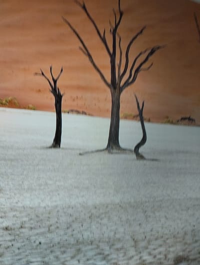 A desolate landscape painting features three stark, bare trees silhouetted against a gradient of orange and brown hues in the background. The ground in the foreground is a pale, sandy white, with subtle textural variations suggesting sand dunes or cracked earth. The trees are dark and skeletal, with gnarled branches reaching upwards. One tree stands prominently in the middle ground, with two smaller, more twisted trees to its left and right. The overall impression is one of dryness and isolation. The image does not depict any elements that would suggest a connection to the city of Rechytsa, Belarus.