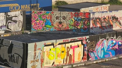 The image depicts an outdoor scene featuring graffiti art on concrete barriers. In the background, a blue truck with "LKW WALTER TRANSPORTORGANISATION AG" written on it is visible. The graffiti includes a large, realistic depiction of a dog's face, labeled "DORIS" above it. To the left of the dog, there is a colorful, abstract design with flowers and geometric shapes. To the right, more abstract graffiti in shades of orange, black, and gray covers another section of the barrier. In the foreground, another concrete barrier displays the word "SPORT" in large, vibrant letters, with additional graffiti in blue and pink. The ground surface is asphalt, and there is some sparse vegetation growing around the barriers. The scene appears to be in an industrial or urban area. The specific location in Södertälje, Sweden is not discernible from the image itself, but the graffiti suggests a public space.