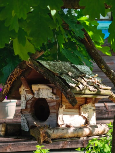 The image shows a rustic wooden birdhouse hanging from a tree branch, with lush green oak leaves overhead. The birdhouse is constructed from rough-hewn wood, bark, and birch bark, giving it a natural, organic appearance. It features a circular entrance hole and a perch made from a log. In the background, a weathered wooden fence and a glimpse of a blue structure are visible. The scene is bathed in dappled sunlight, creating a peaceful, outdoor setting. The location is identified as being in the city of Zhukovo, Russia.