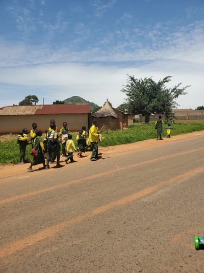 In the city of Gwolong, Nigeria, a group of children in school uniforms, predominantly yellow and green, walk along the side of a paved road. Some of the children carry bags and what appear to be brooms or sticks. They are walking towards the right of the frame. The road is brown and dusty with orange markings. To the left of the road, there are several buildings with corrugated metal roofs and some thatched roofs. Green grass and vegetation are visible in front of the buildings. In the background, a large tree stands prominently, and beyond that, a hill and more buildings can be seen. The sky is blue with scattered white clouds.