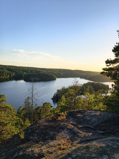 This is a wide-angle, eye-level, vertical outdoor photograph taken from a rocky overlook in Skriketorp, Sweden. The scene captures a serene natural landscape characterized by a vast, calm lake surrounded by dense, green coniferous forests. The time of day appears to be late afternoon or early evening, as indicated by the warm, golden glow of the setting sun illuminating the sky and casting long shadows across the terrain.
In the foreground, a large, rough rock formation dominates the lower portion of the image, with exposed roots and sparse vegetation clinging to its surface. The rock is illuminated by the low-angle sunlight, creating a play of light and shadow.
Beyond the rocks, a body of dark blue water stretches across the mid-ground, dotted with several small, tree-covered islands. The water's surface is gently rippled, reflecting the soft light.
The background is characterized by rolling hills densely covered in evergreen trees, extending towards the horizon. A few taller, skeletal trees stand out amongst the foliage, particularly on the left side of the image. The sky above is a clear, pale blue, with a faint gradient of yellow and orange near the horizon, indicating the presence of the sun.
No people or animals are visible in the photograph. The overall impression is one of tranquility and natural beauty.