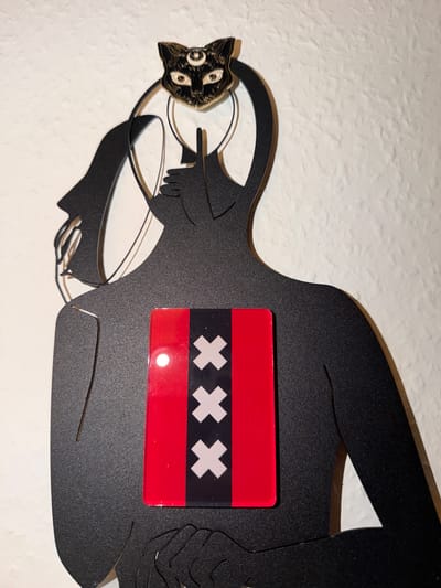 The image depicts a black metal cutout of a human figure wearing glasses, with a cat perched on the glasses' nosepiece. A rectangular object resembling the flag of Amsterdam, Netherlands (red top and bottom stripes, black middle stripe with three white "X"s) is attached to the figure's torso. The figure is mounted on a textured white wall. The location in the city of Basel, Switzerland, cannot be determined from the image alone.