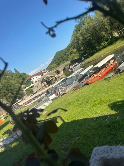 The image depicts a scenic view of the Rijeka Crnojevića river in Montenegro. In the foreground, lush green grass slopes down towards the river. Several boats with canopies are docked along the riverbank, suggesting a popular tourist area for boat tours. In the middle ground, an old stone bridge with multiple arches spans the river. On the far bank, traditional buildings with red tile roofs are nestled amongst dense green trees and hills, indicative of a charming, historic town. The sky is a clear, bright blue with a few wispy clouds. The overall impression is one of a tranquil, picturesque summer day in a historical Montenegrin locale.