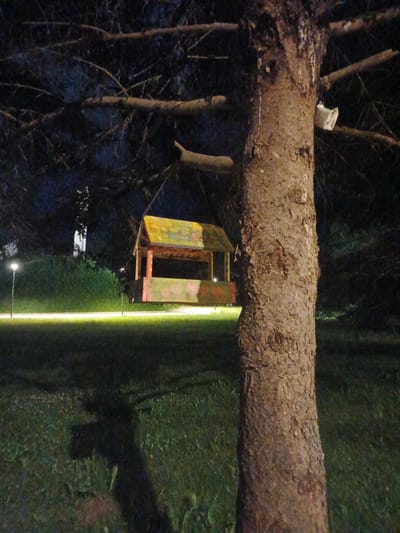 The image depicts a bird feeder hanging from a tree in a park at night. The bird feeder is wooden, painted with a colorful, weathered finish, and has a roof. It is suspended by wires from a thick branch. A piece of white paper is attached to the trunk of the tree to the right of the bird feeder. The tree trunk itself is prominent in the foreground, with rough bark. In the background, a well-lit pathway winds through a grassy area, with a lamppost visible to the left. Further back, there is a dark, grassy incline, possibly a small hill, with shadows cast across it. The overall setting suggests a park or recreational area in Sof'ino, Russia, illuminated by artificial lighting despite the darkness.