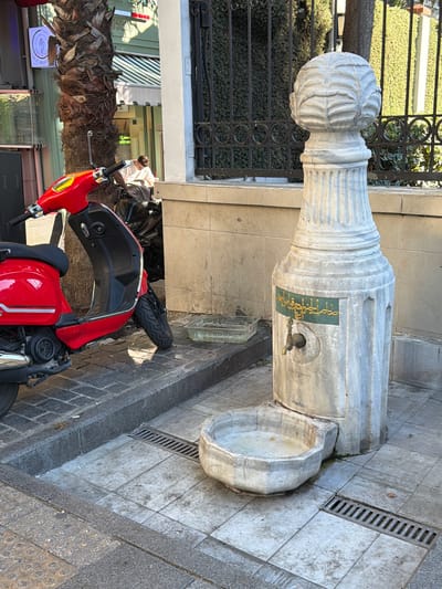 In the city of Üsküdar, Turkey, a red scooter is parked on a cobblestone sidewalk next to a marble fountain. The fountain has a tap and a basin, and is decorated with green tiles inscribed with Arabic script. Behind the fountain is a wrought iron fence and a wall. A palm tree is visible to the left of the scene, and a person is seen in the background through a shop window. The ground is paved with tiles and has a drain grate.