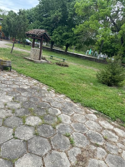 The image shows a park setting in Petrovo, Bulgaria. A stone pathway with hexagonally shaped blocks runs along the right side of the frame. To the left of the pathway is a grassy area with trees and a small wooden structure resembling a well. In the background, there are benches or loungers. The weather appears overcast.