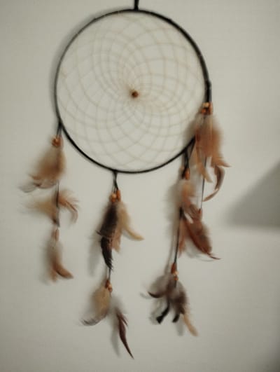 A dreamcatcher hangs against a plain, light-colored wall, casting a subtle shadow. The dreamcatcher itself is circular with a dark outer rim and a white, intricately woven web pattern inside, which spirals towards a small, light brown center. From the bottom of the circular frame, several strands descend, each adorned with small, light brown beads and clusters of feathers. The feathers are mostly a light brown or tan color, with some exhibiting darker brown tips. The overall impression is one of gentle movement and a natural, handcrafted aesthetic. There is no discernible text or any other objects or people visible in the frame. The lighting appears to be soft and diffused, suggesting an indoor setting, potentially during daylight hours with indirect light. The background is uniformly textured, with no distinct features to indicate a specific location beyond a wall.