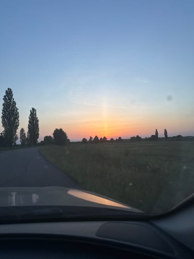 The image captures a serene landscape in the city of Dovhe, Ukraine, during a sunset. The sky transitions from a clear, pale blue at the top to a vibrant gradient of orange and pink near the horizon, indicating the setting sun. A thin, vertical shaft of light, possibly a sun pillar, is visible in the sky.
In the foreground, the dashboard of a vehicle is visible, with reflections of the sunset on its surface. A paved road curves from the left side of the frame, disappearing into the distance. Lining the left side of the road are several tall, slender trees, their dark silhouettes contrasting with the bright sky.
Beyond the road, a field of tall green grass stretches towards the horizon. Scattered trees and bushes dot the landscape, with a cluster of more trees visible on the right side of the frame. The overall scene is one of natural beauty and tranquility, enhanced by the warm hues of the sunset.