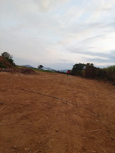 The image depicts an outdoor scene in a rural area, potentially Keyian ward, Kenya. The foreground is dominated by a dirt road covered in loose soil and scattered debris, including pieces of wood and dried vegetation. A single individual, dressed in a red top and green bottoms, is walking away from the camera on the dirt road, moving towards the background. In the mid-ground, to the left, is a pile of stacked wooden pallets and a heap of dried plant matter. Further into the mid-ground, on the right, there is dense green vegetation, possibly sugarcane, and scattered trees. In the background, rolling hills are visible under a cloudy sky. The overall environment suggests an agricultural or undeveloped area.
