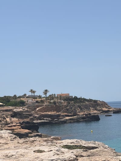 The image captures a coastal scene in Sant Josep de sa Talaia, Spain, under a clear blue sky. The foreground is dominated by rugged, light-colored rock formations that slope down towards the sea. In the middle ground, a rocky cliff juts out into the calm, blue water. On top of this cliff, there are several buildings, some with flat roofs and light-colored facades, interspersed with palm trees and dense green vegetation. A larger building with an orange roof is visible on the far right. The water appears tranquil, with a single yellow buoy floating in the sea. In the lower right portion of the image, a lone person stands on the rocky shore, facing away from the camera. The overall impression is of a sunny, Mediterranean coastal landscape.
