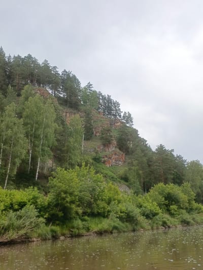 The image shows a body of water in the foreground, with reflections on its surface. Behind the water, a steep, forested embankment rises sharply. The embankment is covered with a dense growth of various trees, including pines and deciduous trees with lighter green foliage. Rocky outcrops with reddish-brown hues are visible interspersed with the vegetation on the slope. The sky above is overcast and a uniform pale gray. The scene is a natural landscape, likely a riverbank or a lake shore, with lush vegetation dominating the scene. There are no people or man-made structures visible in the image, suggesting a natural or undeveloped area. The location is identified as Yakhino, Russia, indicating a specific geographical context for this natural setting.