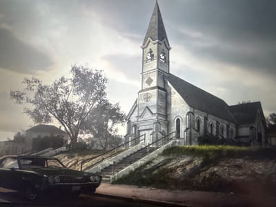 The image depicts a scene with a vintage car in the foreground, facing left. The car appears to be dark colored. Behind the car, a steep staircase leads up to a traditional-style church. The church is constructed of light-colored wood or siding and features a tall steeple with arched windows. There is a large tree to the left of the church, and other buildings are visible in the background, suggesting a suburban or small-town setting. The sky is overcast with dramatic clouds. The image's composition and style suggest it might be a digital render or a photograph with a vintage aesthetic. It does not contain any specific elements that would place it in the city of Stepnogorsk, Kazakhstan.