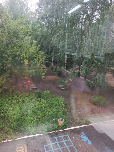 The image depicts a moderately overgrown, muddy, and somewhat neglected playground area, likely within an apartment complex courtyard in Togliatti, Russia, suggested by the markings on the asphalt. The scene is viewed through a window, with reflections of fluorescent lighting visible at the top.

Dominating the background are numerous mature trees, primarily birch trees with their distinctive white bark, interspersed with deciduous trees offering dense green foliage. Some of these trees appear to be leaning.

In the mid-ground, the playground itself is visible. A prominent feature is a metal boat-shaped play structure, painted red and yellow, partially submerged in the mud. To the left of the boat, a red and yellow metal seesaw-like structure is present. Further into the playground, a wooden picnic table with benches is situated on the damp ground. Scattered throughout the area are patches of greenery and exposed, muddy earth. There's a small, dilapidated structure in the far background, possibly a playhouse or shed, with colorful panels visible.

The foreground shows a paved area, likely a sidewalk or parking lot, with markings typical of a children's play area. A hopscotch grid, painted in blue, is clearly visible, along with a yellow painted symbol resembling a flower. A cylindrical trash can, painted yellow with some visible debris, sits at the edge of the grass and pavement. The overall impression is of a functional but dated and weather-beaten outdoor space.