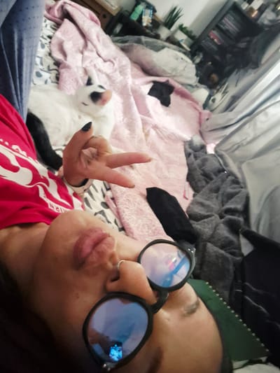 A close-up, high-angle shot shows a person lying on a bed, with their head towards the foreground. They are wearing dark-rimmed glasses with blue-tinted lenses and a bright pink t-shirt. Their right hand is raised, fingers extended in a peace sign, with dark nail polish. A white cat with black markings is visible on the bed behind the person, partially covered by a pink blanket. The environment appears to be a bedroom, with various blankets and clothing scattered around. There are shelves filled with items in the background. The image has a slightly blurred quality.