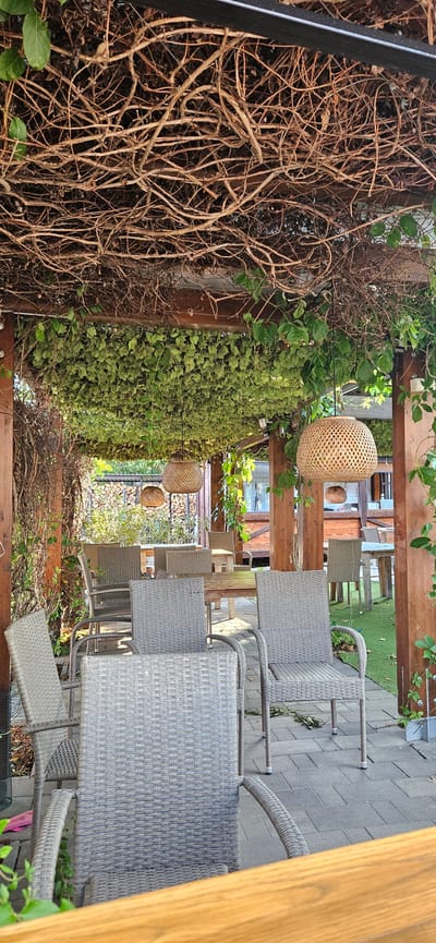 This image depicts an outdoor seating area, likely a restaurant or cafe patio, located in Balatongyörök, Hungary. The scene is characterized by a rustic and natural aesthetic. A wooden pergola structure forms the overhead canopy, interwoven with dry vines and lush green ivy. Suspended from the pergola are three decorative rattan lampshades, casting a warm glow.
The seating area itself is paved with grey interlocking bricks, and several tables and chairs are arranged. Most prominent are the grey wicker chairs, with one in the foreground filling a significant portion of the frame. Behind this, more wicker chairs are visible, along with some wooden tables. In the background, other seating areas can be seen, including chairs and tables situated on a patch of green artificial turf. Beyond the seating area, a wooden fence and a stack of firewood are visible, suggesting a suburban or semi-rural setting. The lighting suggests it is daytime, with sunlight filtering through the foliage, creating dappled shadows. No people are present in the image. The overall impression is one of a relaxed, natural outdoor dining space.