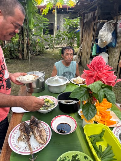 An outdoor meal scene unfolds in Carmen, Philippines, featuring two adult males engaged in a communal dining experience.

In the left foreground, a man with short dark hair and a mustache, wearing a pink t-shirt with a black "adidas" logo, stands and serves food. His left hand holds a white, floral-patterned plate containing a mound of white rice, while his right hand, holding a spoon, is positioned over a white bowl filled with a green vegetable soup or stew. To his right, on a wooden surface, a large lidded metal pot is visible, beside another, smaller lidded metal pot.

In the middle ground, centered on the right, a man with short, dark, slightly wavy hair and a light blue sleeveless top with partial text ("RAW ONM") is seated. He gazes towards the left foreground, with a plate of food (including rice and what appears to be a meat dish) in front of him. A tattoo is visible on his right upper arm.

The meal is laid out on a surface covered with large green banana leaves. Prominently displayed in the center is a vibrant pink torch ginger flower arrangement with green hibiscus leaves, contained in a white vase. Various food items are spread across the banana leaves: a plate with two whole grilled or fried fish (one partially consumed), a small white bowl with a red rim containing dark sauce (likely soy sauce), a plate piled with sliced orange fruit (likely papaya), a neon-green plastic container holding green pods (likely okra), and a black pot containing white rice with serving tongs. Another green plate or bowl with green leafy vegetables is also present.

The background to the left features lush tropical foliage, including banana trees, and a concrete building with a dark window. The background to the right shows a rustic structure made of vertical bamboo slats, from which several plastic bags (white and blue) and a green thermos are suspended. The ground beneath the gathering is unpaved, appearing as dirt or sparse grass. The scene is illuminated by bright, natural daylight.