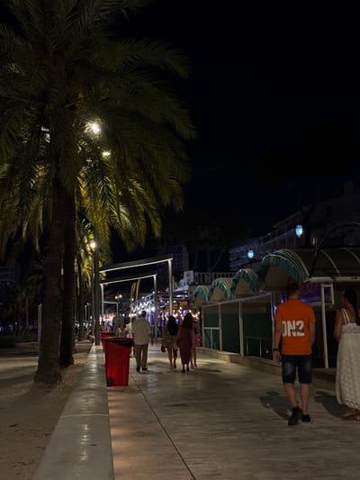 The image captures a nighttime scene on a pedestrian walkway, likely in Calvià, Spain, as suggested by the location context. A group of people are visible, with one man in the foreground wearing an orange t-shirt with the text "DN2" and "TRUE LOVE" printed on it. He is also wearing denim shorts and dark shoes. Behind him, other individuals are walking and standing. Further down the walkway, there are tables and chairs, suggesting an outdoor dining or social area, possibly a restaurant or bar. Strings of lights are strung across the area, illuminating the scene. Palm trees are prominent in the foreground and frame the right side of the image, their fronds silhouetted against the dark sky and the illuminated walkway. The overall atmosphere appears to be casual and social, with people enjoying a warm evening. The lighting suggests it is after sunset, and the weather appears to be pleasant. A large red trash bin is also visible.