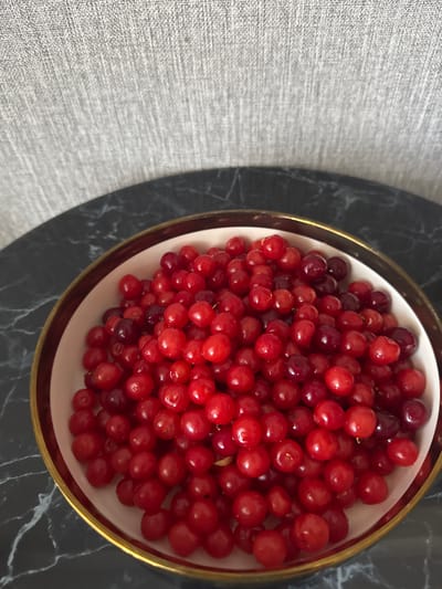 A close-up, overhead shot features a white ceramic bowl filled with bright red cherries, some darker red and purple. The bowl has a thin gold rim. It rests on a dark, marbled surface. The background is a textured gray fabric. The image is shot from a slightly elevated angle. The scene is likely indoors, with natural light reflecting off the cherries, suggesting a domestic setting. The location of Солонешное, Russia is not discernible from the image.