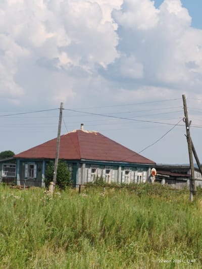 A wide shot captures a weathered, pale green wooden house with a reddish-brown metal roof in Викторовка, Kazakhstan. The house features several windows with white shutters, some of which are partially open. A chimney is visible on the roof. The house is situated behind a dense field of tall, green grass with scattered small white flowers. Two utility poles with wires stretch across the frame in front of the house, one positioned closer to the viewer and the other further away to the right. A small, round, orange and white object, possibly a sign or marker, is mounted on a short pole to the right of the house, partially obscured by grass. The sky above is a mix of bright blue with large, fluffy white clouds. The lower right corner of the image displays a timestamp: "22 июл. 2026 г., 13:48".