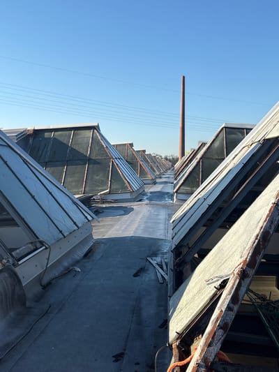 This image depicts a wide-angle view of a flat, dark-colored industrial or commercial rooftop in Neuwied, Germany, under a clear blue sky. The scene is dominated by multiple rows of pyramid-shaped skylight structures, running parallel and receding into the distance. These structures feature metal frames and translucent panels, some appearing worn or weathered, with a whitish film or frost visible on their surfaces, particularly on the right side.

The rooftop surface between the skylight rows is dark and appears damp or reflective in areas, possibly from moisture. Scattered wooden debris and a section of orange rope are visible on the roof in the foreground and midground. In the background, a tall, slender red brick chimney or smokestack stands prominently against the sky. Multiple thin power lines traverse the upper portion of the frame horizontally, above the skylights and in front of the chimney. No people, active subjects, or direct interactions are visible. The environment suggests an outdoor setting during daytime with strong sunlight.