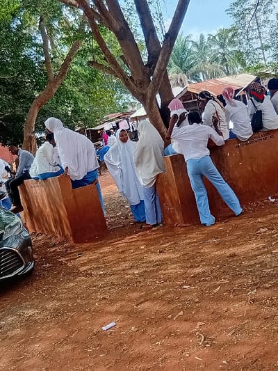A group of students, many in white shirts and light blue pants, gather outdoors. Some wear white headscarves. They are near a building with a rusty metal roof. A large tree's branches reach into the frame. The ground is reddish-brown. The angle of the photo is tilted.