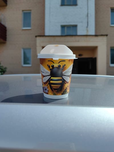 A disposable coffee cup with a bee design sits on a shiny grey surface, possibly the hood of a car, in front of a light-colored building with multiple windows. The cup is white with a yellow pattern featuring a bee and small flowers. The lid is white. The building appears to be multi-story and made of brick. The background is blurred, suggesting a shallow depth of field. The scene is outdoors on a sunny day, indicated by the strong shadow cast by the cup. The location is specified as Myadzyel, Belarus.