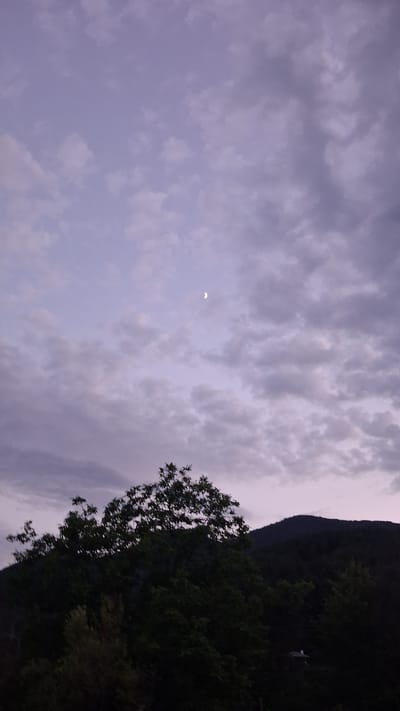 The image captures a twilight sky over a natural landscape, likely in or near Gotse Delchev, Bulgaria. The sky is a soft, muted purple, transitioning to a lighter lavender at the top, filled with scattered, wispy clouds. A crescent moon is visible in the upper right quadrant of the sky, appearing as a thin sliver of light against the darkening clouds.
In the foreground, the silhouettes of trees and a rounded, dark mountain range dominate the lower half of the image. The trees are dense and dark, their leaves appearing as a textured mass against the sky. One prominent tree in the mid-foreground has a fuller, more defined canopy of branches and leaves. The mountain range in the background is a deep, dark silhouette, its contours softened by the twilight and distance.
The overall impression is one of natural beauty and tranquility, characteristic of a rural or mountainous setting. The low light conditions suggest either dawn or dusk. There are no visible people or specific man-made structures, apart from a barely discernible small, white object that could be a distant structure or light in the lower right portion of the image. The scene is devoid of any discernible action or interaction.