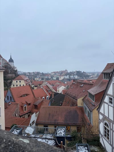 This image presents an elevated, panoramic view of the historic city of Meissen, Germany, under an overcast sky, suggesting a winter day. The scene is devoid of visible people or dynamic actions.
In the immediate foreground, a dark, rough-textured stone wall or parapet occupies the bottom section of the frame. Below this wall, a small, snow-dusted outdoor area is visible, featuring two dark, rectangular planters also containing patches of snow. A brown rope handrail runs parallel to the wall. A light-colored building with a dark roofline is partially visible, showing a single window illuminated with a warm yellow light. Adjacent to it, a light yellow-walled building with a brown tiled roof features a visible antenna or lightning rod extending upwards.
The midground is dominated by a dense cluster of multi-story buildings, characteristic of a historic European town. These structures predominantly feature pitched roofs covered with reddish-orange to dark brown terracotta tiles. Numerous dormer windows, some with arched profiles, are scattered across the roofscape. Building facades display varying colors, including pale yellow, beige, and off-white. A notable half-timbered building with light-colored infill and dark timber framing is prominent on the far right. One particular roof exhibits a distinct, elongated, eye-shaped dormer arrangement.
In the background, the cityscape extends further, becoming progressively hazier. On the left, a prominent white or light-colored building with a dark, onion-domed spire, characteristic of the Meissen Cathedral (Dom zu Meißen) and part of the Albrechtsburg complex, rises from a hilltop. Further across the panorama, more buildings with traditional red roofs are visible, interspersed with trees. A body of water, likely the Elbe River, is faintly discernible in the mid-right background, possibly with a bridge crossing it. Another large, multi-gabled building complex is visible in the distant background towards the right. The sky is a uniform, pale grey, indicating heavy cloud cover and contributing to a subdued lighting condition across the entire scene.