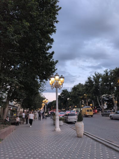 The image depicts a street scene in Ganja, Azerbaijan, likely at dusk or early evening given the overcast sky and illuminated streetlights. The perspective is from a low angle, looking upwards and along a tree-lined street.

The foreground features dense green trees on the left, with their branches reaching towards the sky. On the right, a paved sidewalk runs alongside the street, patterned with diamond-shaped bricks. Along the sidewalk, several people are visible, walking or standing. One person in a white top and black pants is particularly noticeable, as is another individual in a white top and dark pants. Further down the sidewalk, more figures are scattered, some appearing to be children.

A decorative streetlight with multiple illuminated bulbs stands prominently in the mid-ground on the right. Further down the street, more streetlights are visible, casting a warm glow. Several vehicles are parked or driving along the street, including a yellow van, a silver car, and other indistinct vehicles. A large, light-colored decorative pot containing greenery sits on the sidewalk near the streetlight.

The sky is filled with heavy, grey clouds, suggesting an overcast or possibly impending rainy weather. The overall mood is calm and perhaps a little somber due to the lighting and weather. There is no visible text in the image. The scene captures a moment of everyday life in an urban setting, with people going about their evening activities.
