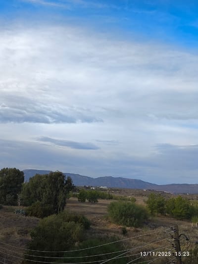 The photograph captures an outdoor landscape on 13/11/2025 at 15:23, as indicated by a timestamp in the lower right corner. The sky occupies the upper two-thirds of the frame, showing bright blue at the top transitioning to white and grey stratocumulus clouds, denser towards the horizon. A rugged mountain range with blue-grey and brown hues forms the distant horizon. Several white structures are discernible at the foothills. The midground and foreground consist of dry, brown, sparsely vegetated terrain. Clusters of dark green trees are positioned on the left, including one notably tall specimen. An agave plant is visible to the left. Smaller, rounder green bushes and trees are scattered across the field. A utility pole with multiple horizontal wires occupies the lower right foreground. No human or animal figures are present. The topographical features, including dry land and a distant mountain range, are consistent with the rural or semi-urban outskirts of Nicosia, Northern Cyprus / Cyprus, potentially facing the Kyrenia Mountains.