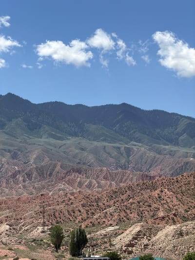 The image depicts a wide, panoramic view of a mountainous landscape under a clear blue sky with scattered white clouds. The mountains are layered, with the furthest range appearing dark green and densely forested, suggesting coniferous trees. In front of this, the mountains transition through various shades of green and then to a reddish-brown, eroded terrain. The closer mountains show distinct striations and gullies, indicative of geological formations shaped by erosion.

In the foreground, the terrain is a mix of arid, rocky ground with sparse vegetation and patches of green grass. Two tall, slender trees stand prominently in the middle ground, their foliage a dark green. To their left, a rusty metal electricity pylon is visible. Further down, small buildings with green roofs and some brick structures can be seen, suggesting a small settlement or rural area. The overall impression is one of a natural, rugged landscape with signs of human presence in the lower portions. The location is identified as Kaji-Say, Kyrgyzstan, which aligns with the mountainous terrain commonly found in the country. There are no people visible in the image.
