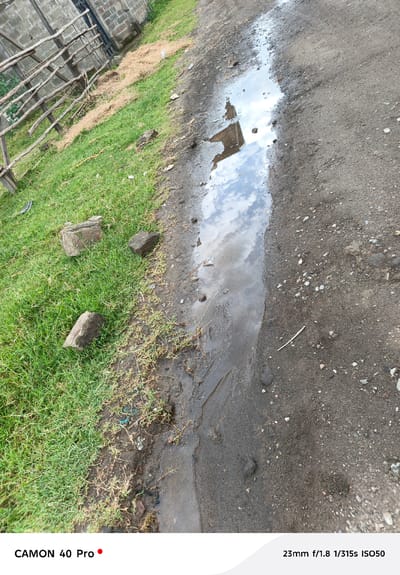 The image depicts a roadside scene in the Nakuru East ward, Kenya. The ground is divided between green grass and a dirt path, which is partially covered by a long, narrow puddle of water reflecting the sky. Large stones are present on the grassy side of the path. A simple, wooden fence is visible in the background. No people are visible in the image.