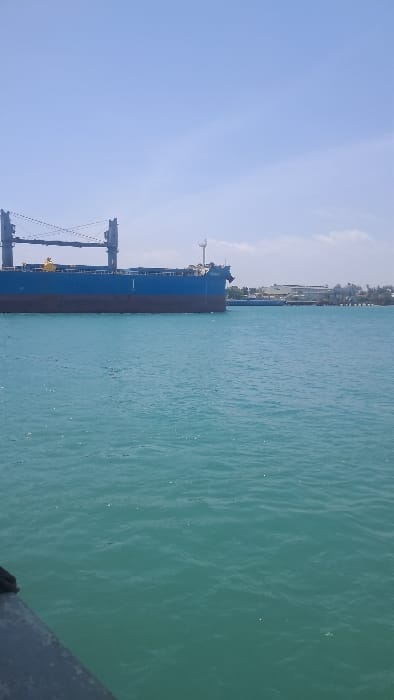 The image presents a daylight maritime scene situated within the Ganjoni/Shimanzi ward, Mombasa, Kenya. In the midground, a large cargo ship is positioned on turquoise-colored water, which exhibits minor surface ripples. The vessel's hull is dark blue, transitioning to a reddish-brown anti-fouling paint line near the waterline. At least two prominent grey deck cranes are visible on its main deck, along with a white superstructure and mast located towards the stern. To the right of the ship, a pier or dock structure extends from the land, which features several buildings consistent with port infrastructure, alongside sparse green vegetation. The immediate foreground shows a dark, angled edge, suggesting the vantage point is from a fixed structure or another vessel. The upper half of the frame consists of a clear, light blue sky with minimal cloud cover. No individuals, discernible actions, or interactions are visible within the scene.